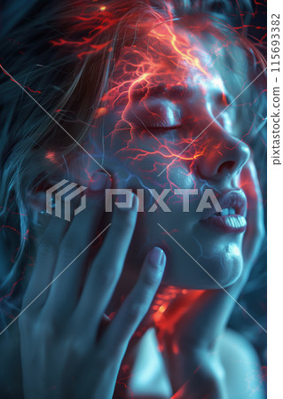 A woman suffers from severe headache. Migraine attack 115693382