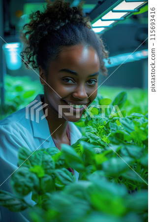 A smiling young woman in a lab coat works among vibrant green plants in a modern greenhouse 115693416