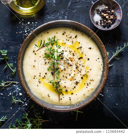 Bowl of creamy potato soup with thyme black pepper an. Bowl of creamy potato soup with thyme black pepper an. 115693442