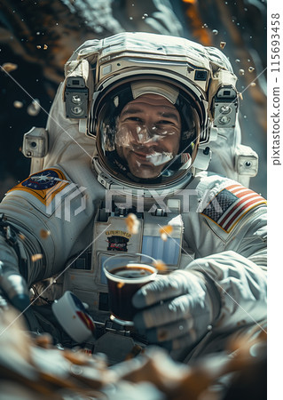 An astronaut holds a cup of coffee in his hand 115693458