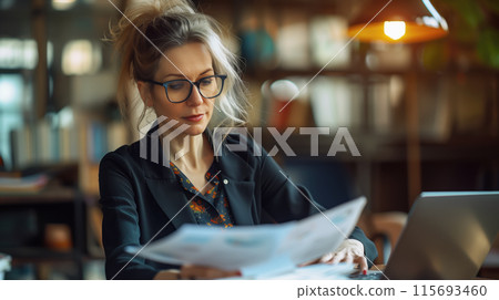 A beautiful businesswoman studying a financial report 115693460