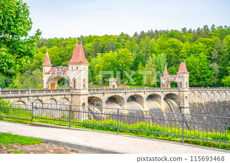 A view of the Les Kralovstvi Dam in Czechia, featuring the iconic castle-like structure with its arched bridge. The dam is surrounded by lush greenery and the water flows freely over the spillway. A view of the Les Kralovstvi Dam in Czechia, featuring the iconic castle-like structure with its arched bridge. The dam is surrounded by lush greenery and the water flows freely over the spillway. 115693468