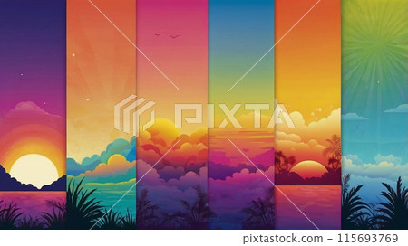 AI Content. Sunset and sunrise sky colors. Set of Summer concept with gradient backgrounds 115693769