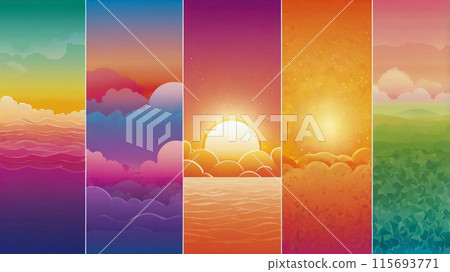 AI Content. Sunset and sunrise sky colors. Set of Summer concept with gradient backgrounds 115693771