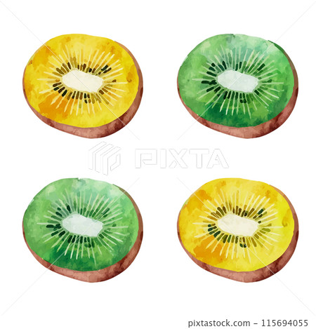 綠色奇異果和金色奇異果橫截面的水彩插圖，白色背景上的切口 115694055