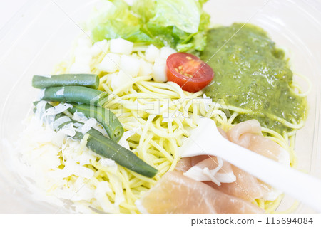 Delicious cold pasta with basil sauce 115694084