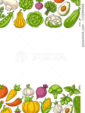 Fresh and healthy farm vegetables, vector minimalist vertical poster a4, veggies colorful icons border frame. Space for text, isolated background. For card, banner, menu, cover, social media Fresh and healthy farm vegetables, vector minimalist vertical poster a4, veggies colorful icons border frame. Space for text, isolated background. For card, banner, menu, cover, social media 115694090