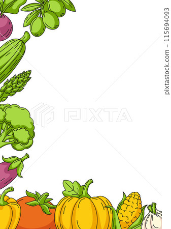 Fresh and healthy farm vegetables, vector minimalist vertical poster a4, veggies colorful icons corner frame. Space for text, isolated background. For card, banner, menu, cover, social media Fresh and healthy farm vegetables, vector minimalist vertical poster a4, veggies colorful icons corner frame. Space for text, isolated background. For card, banner, menu, cover, social media 115694093