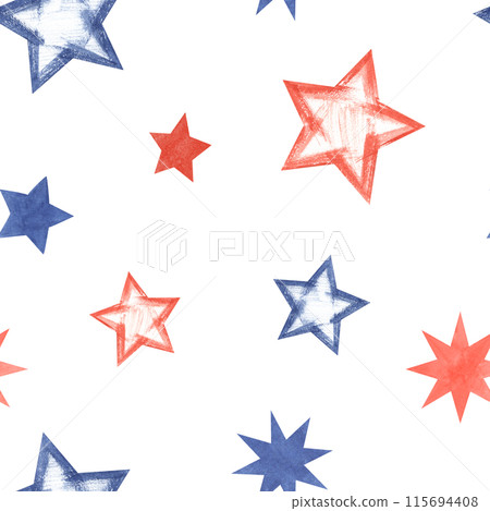 Red, blue stars in various shapes. Seamless pattern of stars in American flag colors. Textured painted smears. Traditional national symbol. Watercolor illustration. Holiday ornate for party textile 115694408