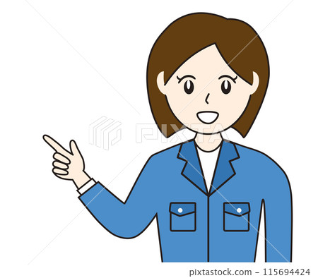 A female businesswoman worker wearing work clothes points to a point 115694424