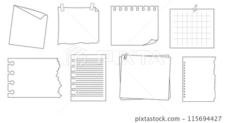 Memo sticky note reminder sheet paper. Doodle paper frame, check list with pin, tape, paperclip elements. Set cute notes, office or school messages. Memo sticky note reminder sheet paper. Doodle paper frame, check list with pin, tape, paperclip elements. Set cute notes, office or school messages. 115694427