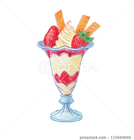 Illustration of strawberry parfait drawn with colored pencils, cut out on white background Illustration of strawberry parfait drawn with colored pencils, cut out on white background 115694608