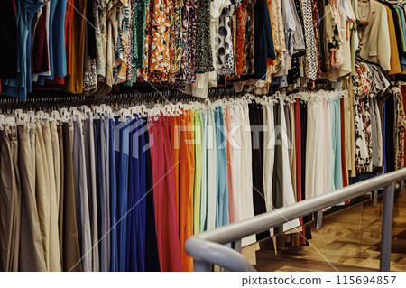 Wide variety of colorful clothes on hangers in retail store are arranged by color. Consumerism concept 115694857