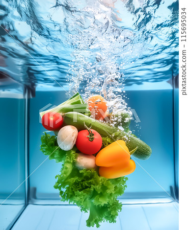 CG素材：水箱裡正在清洗的許多蔬菜 115695034