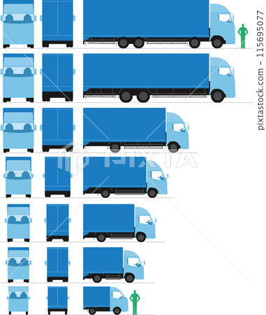 Illustration of the size of large and small trucks, front, side, back 115695077