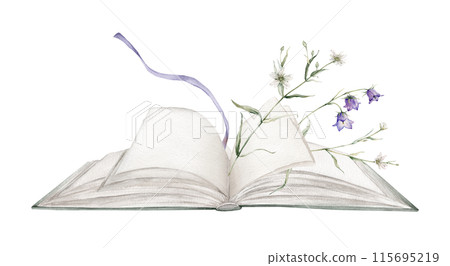 Open book with bluebell and white little flower watercolor illustration isolated on background. Book green colors with a fabulous story and flower. Vintage old textbook hand drawn and bookmark 115695219
