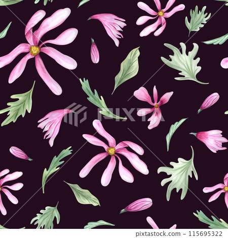 Abstract flying pink flowers and leaves. Seamless pattern of spring blooming plants. Magnolia flower. Watercolor illustration isolated on black background. For textile, package, scrapbook. 115695322