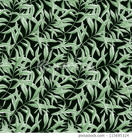 Tropical leaves. Green oleander branches. Seamless pattern of olive leaves. Ivy realistic foliage. Watercolor illustration isolated on black background. Floral greenery design for package, textile. 115695324