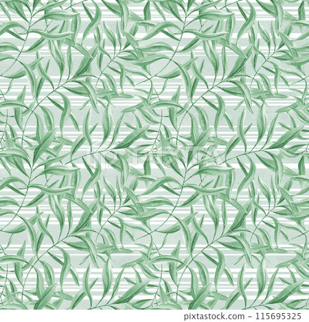 Tropical leaves on striped green background. Green oleander branches. Seamless pattern of olive leaves. Ivy realistic foliage. Watercolor illustration. Floral greenery design for package, textile. 115695325
