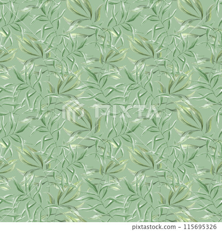 Beautiful pastel green leaf pattern with intricate foliage designs, perfect for wallpapers, textiles, and decor. Pattern embodies freshness and serenity, adding touch of elegance to any space 115695326