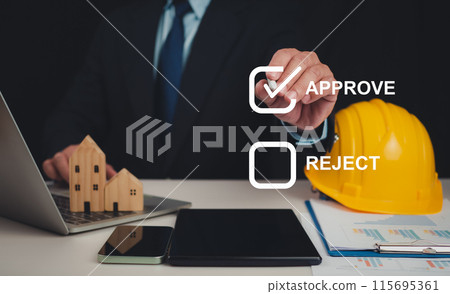 Approved Buildings Permit concept with approved residential building project, Architect or engineer Checking the list of documents and approving the project, Construction project inspection. 115695361
