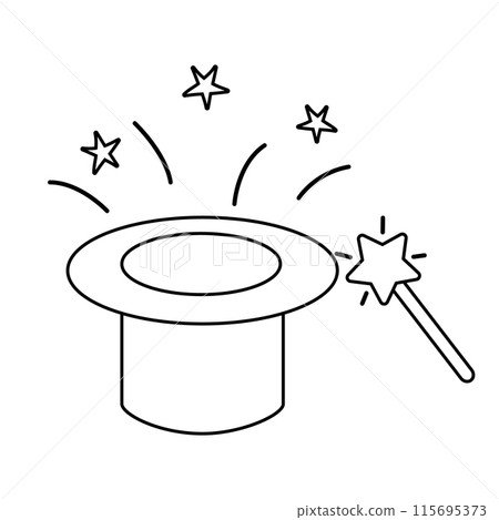 Wizard or magician hat and magic wand, doodle style flat vector outline for coloring book 115695373