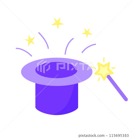 Wizard or magician hat and magic wand, childrens magic element in cartoon style, vector 115695383
