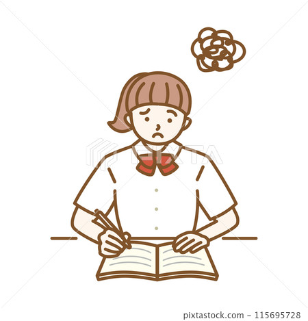 穿著夏裝的女學生擔心的學習場景的插圖。 115695728