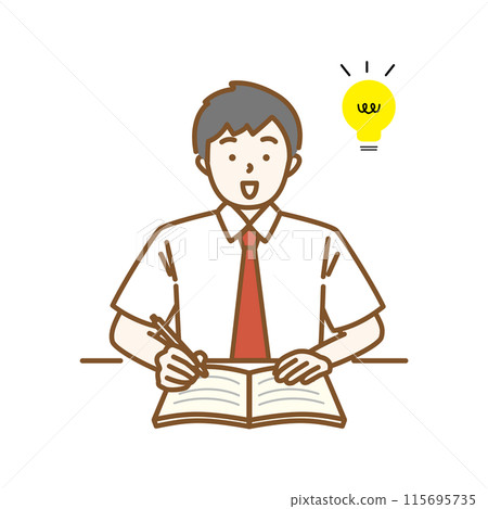 Illustration of a study scene when a male student in summer clothes has an idea - Light bulb mark Illustration of a study scene when a male student in summer clothes has an idea - Light bulb mark 115695735