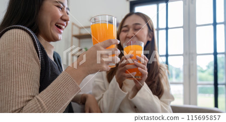 Happy Lesbian Couple Enjoying Fresh Orange Juice Together at Home in a Bright and Modern Living Room Happy Lesbian Couple Enjoying Fresh Orange Juice Together at Home in a Bright and Modern Living Room 115695857