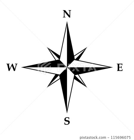 Compass rose symbol, black and white vector illustration of four cardinal directions 115696075