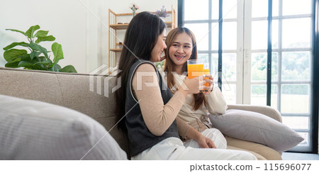 Happy Lesbian Couple Enjoying Healthy Orange Juice Together at Home in a Modern Living Room 115696077