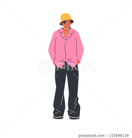 Young person vector Y2K fashion, glamour POP 00s stylish teenager clothes, pink shirt, wide trousers, panama hat jewelry Young person vector Y2K fashion, glamour POP 00s stylish teenager clothes, pink shirt, wide trousers, panama hat jewelry 115696130