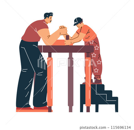 Vector illustration depicting a tense arm wrestling training match: an athlete competes with a boy 115696134