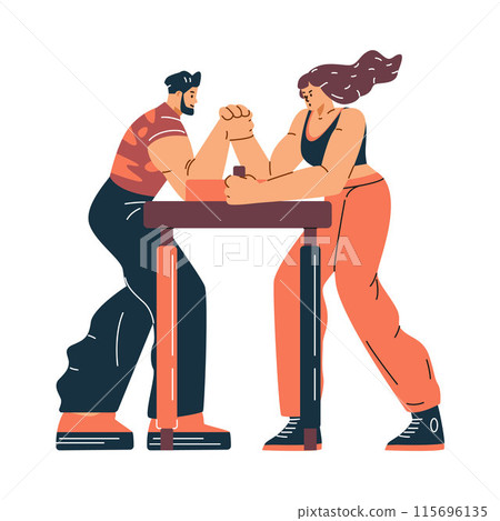 Vector illustration of two muscular athletes, a guy and a girl engaged in arm wrestling Vector illustration of two muscular athletes, a guy and a girl engaged in arm wrestling 115696135