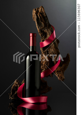 Bottle of red wine and old weathered snag with red satin ribbon. Bottle of red wine and old weathered snag with red satin ribbon. 115696307