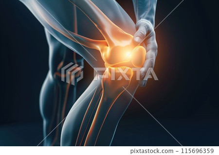 X-ray view of a knee showing bone structure and pain area, perfect for healthcare and anatomy studies X-ray view of a knee showing bone structure and pain area, perfect for healthcare and anatomy studies 115696359