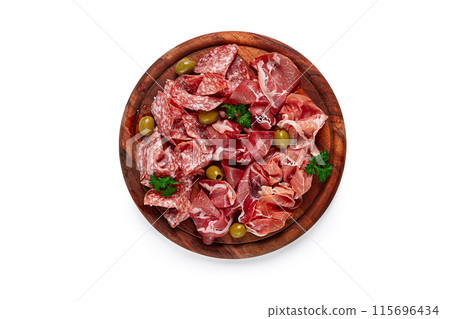 Assortment , sliced meat appetizer, prosciutto, salami and ham, with olives, on a wooden board, breakfast,on a white background, isolate, top view, close-up, no people, Assortment , sliced meat appetizer, prosciutto, salami and ham, with olives, on a wooden board, breakfast,on a white background, isolate, top view, close-up, no people, 115696434