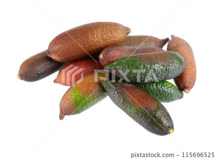 Fresh finger limes isolated on white background. Caviar lime. Fruits pods. Clipping path. Fresh finger limes isolated on white background. Caviar lime. Fruits pods. Clipping path. 115696525