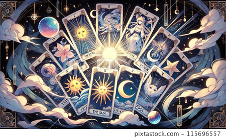 塔羅牌的象徵圖案神秘排列的插圖。 塔羅牌的象徵圖案神秘排列的插圖。 115696557