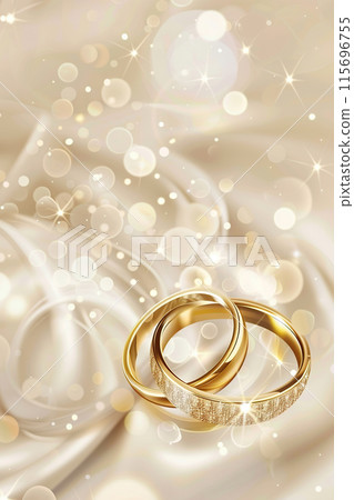 Luxurious wedding background with two intertwined golden rings on a soft satin fabric, bathed in a gentle glow and sparkles, ideal for romantic and elegant themes with ample copy space. Generative AI. 115696755