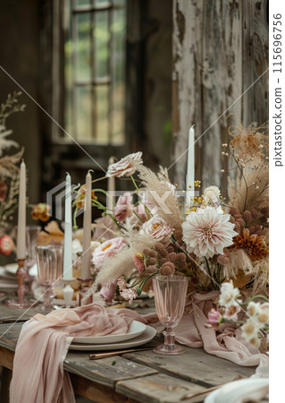 Elegantly set boho-style wedding table featuring rustic wooden elements, pastel floral arrangements, pampas grass, vintage glassware, creating dreamy and intimate reception atmosphere. Generative AI. 115696756