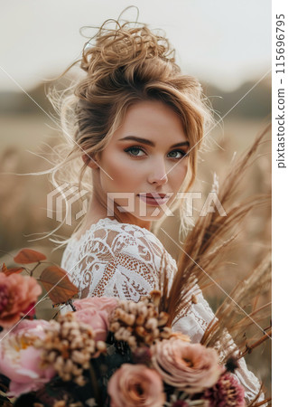 Captivating portrait of bride with voluminous curly hair, striking makeup, and lace boho dress, complemented by bouquet of autumnal flowers, ideal for wedding themes. Vertical picture. Generative AI. Captivating portrait of bride with voluminous curly hair, striking makeup, and lace boho dress, complemented by bouquet of autumnal flowers, ideal for wedding themes. Vertical picture. Generative AI. 115696795