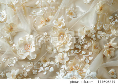 Elegant close-up of bridal fabric showcasing intricate floral embroidery on delicate tulle, perfect for wedding design backgrounds with its subtle textures and romantic appeal. Generative AI. 115696815