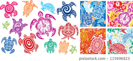 Turtles in Maori tattoo style and Seamless pattern Turtles in Maori tattoo style and Seamless pattern 115696823