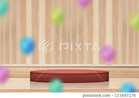 Red podium on wood floor with colorful balloons background. Closeup Red podium on wood floor with colorful balloons background. Closeup 115697176