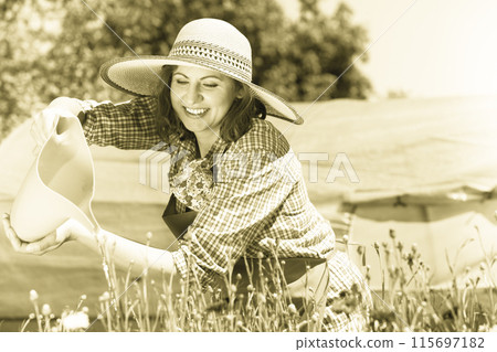 woman watering flowers in garden woman watering flowers in garden 115697182
