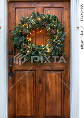 Christmas wreath with christmas light and decortions on wooden door 115697199
