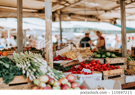 Farmer market with vibrant fruits and vegetables, fresh flowers Farmer market with vibrant fruits and vegetables, fresh flowers 115697213