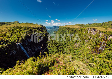 Panoramic view on canyon with rocks and trees in Santa Catarina state, Brazil. 115697242